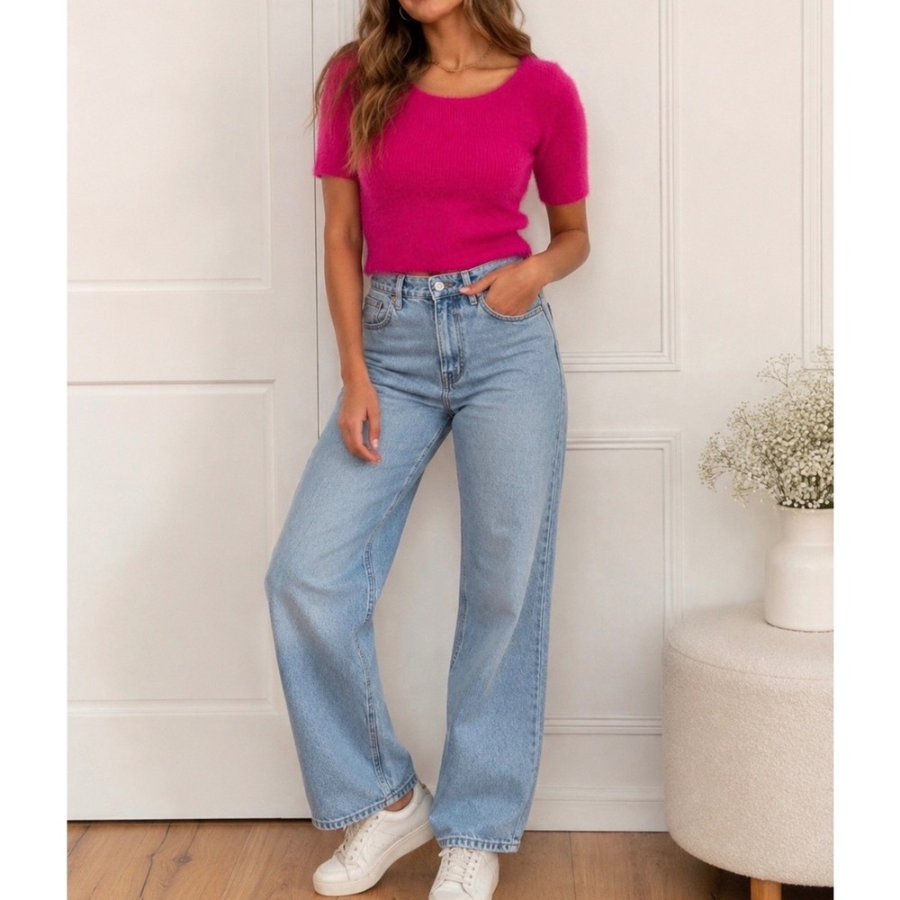 Sincerely Jules Fuchsia Pink Fuzzy Eyelash Knit Short Sleeve Cropped Sweater S